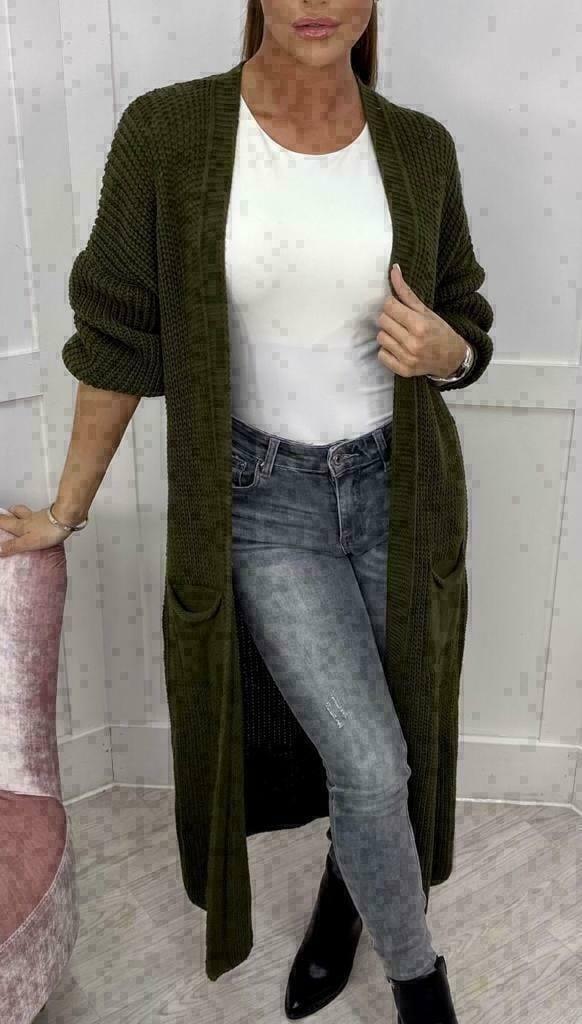 Solid Color Knitwear Pocket Cardigan Mid-length Sweater-Army Green-10