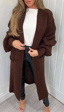 Solid Color Knitwear Pocket Cardigan Mid-length Sweater-Coffee-12