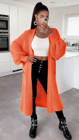 Solid Color Knitwear Pocket Cardigan Mid-length Sweater-Orange-13