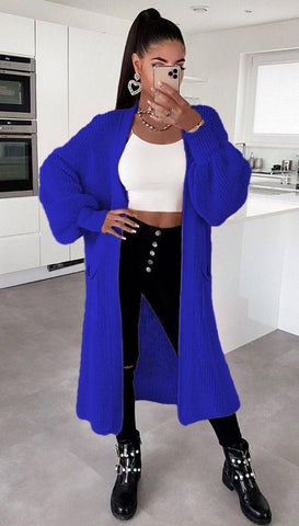 Solid Color Knitwear Pocket Cardigan Mid-length Sweater-Sapphire Blue-15