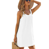 Solid Color Loose Beach Dress Casual Vacation Suspender-White-3