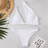 Solid Color One Shoulder Sexy Bikini-White-1