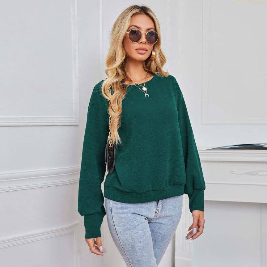 Solid Color Pullover Dark Green Women's Long Sleeve Loose-Green-1