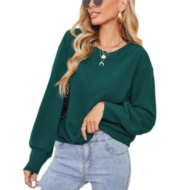 Solid Color Pullover Dark Green Women's Long Sleeve Loose-2