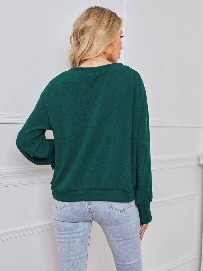 Solid Color Pullover Dark Green Women's Long Sleeve Loose-3