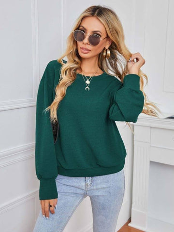 Solid Color Pullover Dark Green Women's Long Sleeve Loose-4