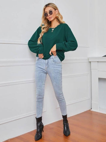 Solid Color Pullover Dark Green Women's Long Sleeve Loose-7