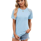 Solid Color Round Neck Top Women's Lace Hollow Design Short-Sky Blue-8