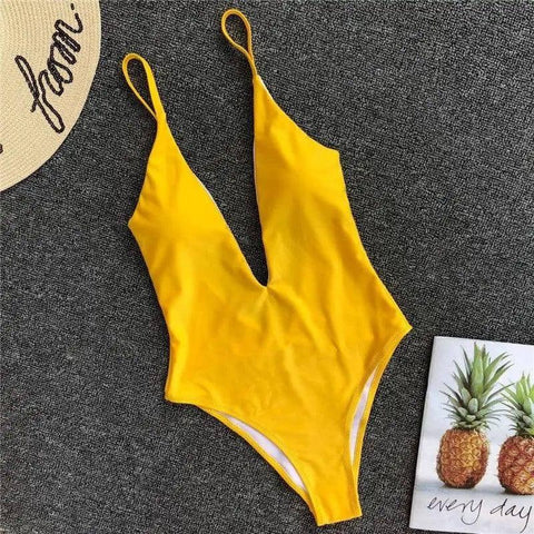 Solid color sexy one-piece swimsuit deep V-neck back pleated-Yellow-2