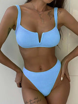 Solid Color Special Fabric Wavy Swimsuit-Blue-1