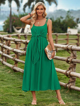 Solid Color Suspender Long Dress Spring And Summer Bow Waist-2