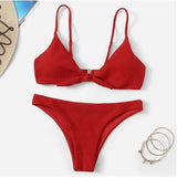 Solid color triangle split sexy bikini-Red-6