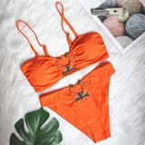 Solid Color Tube Top High Waist Swimsuit Metal Accessories-Orange-3