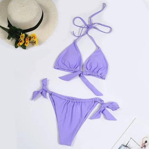 Split Swimsuit Women Multicolor Bikini Halter Neck Tie Big-Purple-2