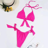 Split Swimsuit Women Multicolor Bikini Halter Neck Tie Big-RoseRed-3