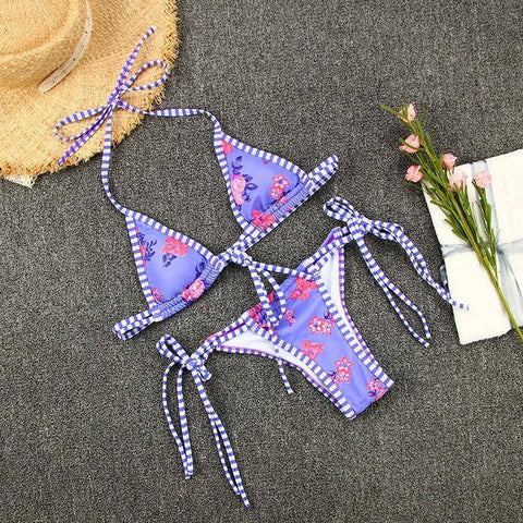 Split swimsuit women's contrasting print strap sexy bikini-purple-7