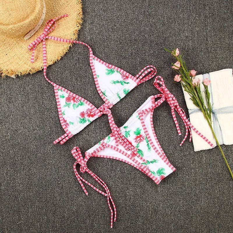 Split swimsuit women's contrasting print strap sexy bikini-白色-8