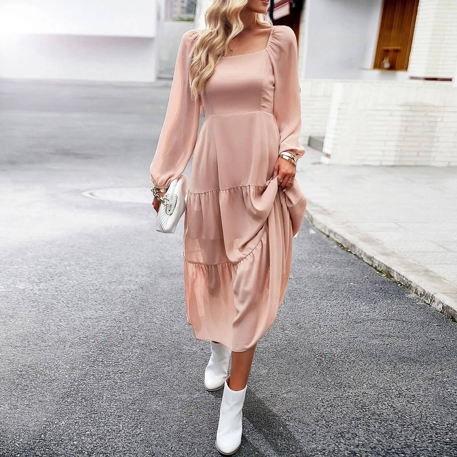 Square Collar Dress Female Temperament Elegant Dress-Pink-3