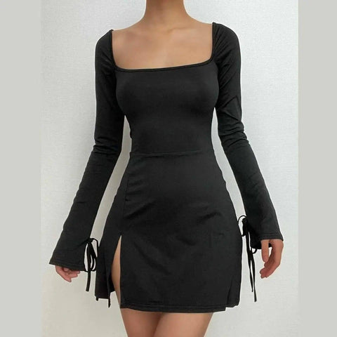 Square Neck Long Sleeve Slim Fit Hip Slit French Dress-Black-1