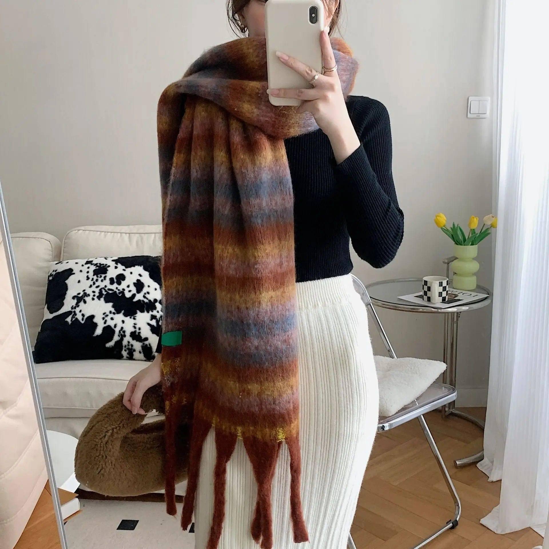 Striped Cashmere Thick Scarf With Contrast Color-Coffee-1