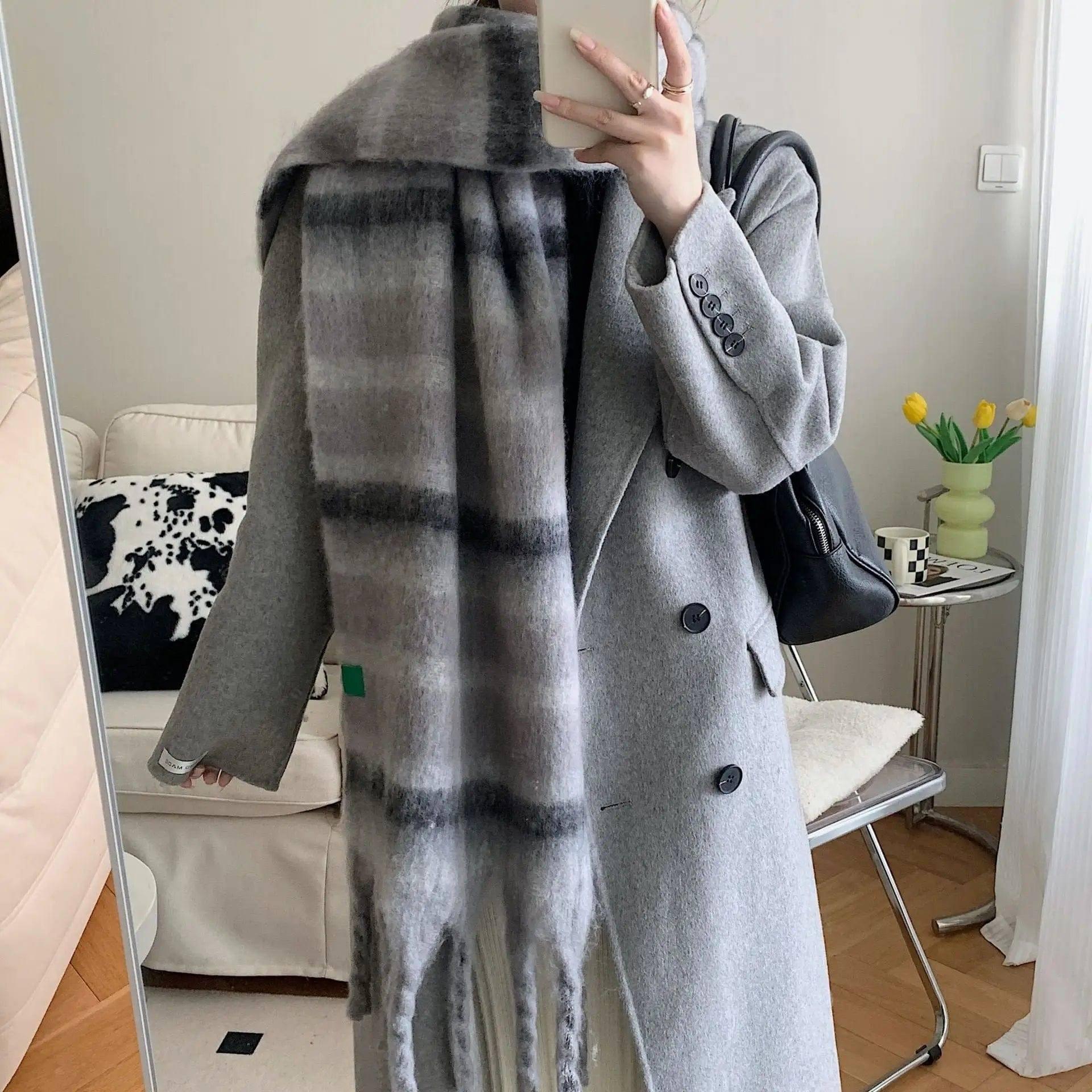 Striped Cashmere Thick Scarf With Contrast Color-Grey-2