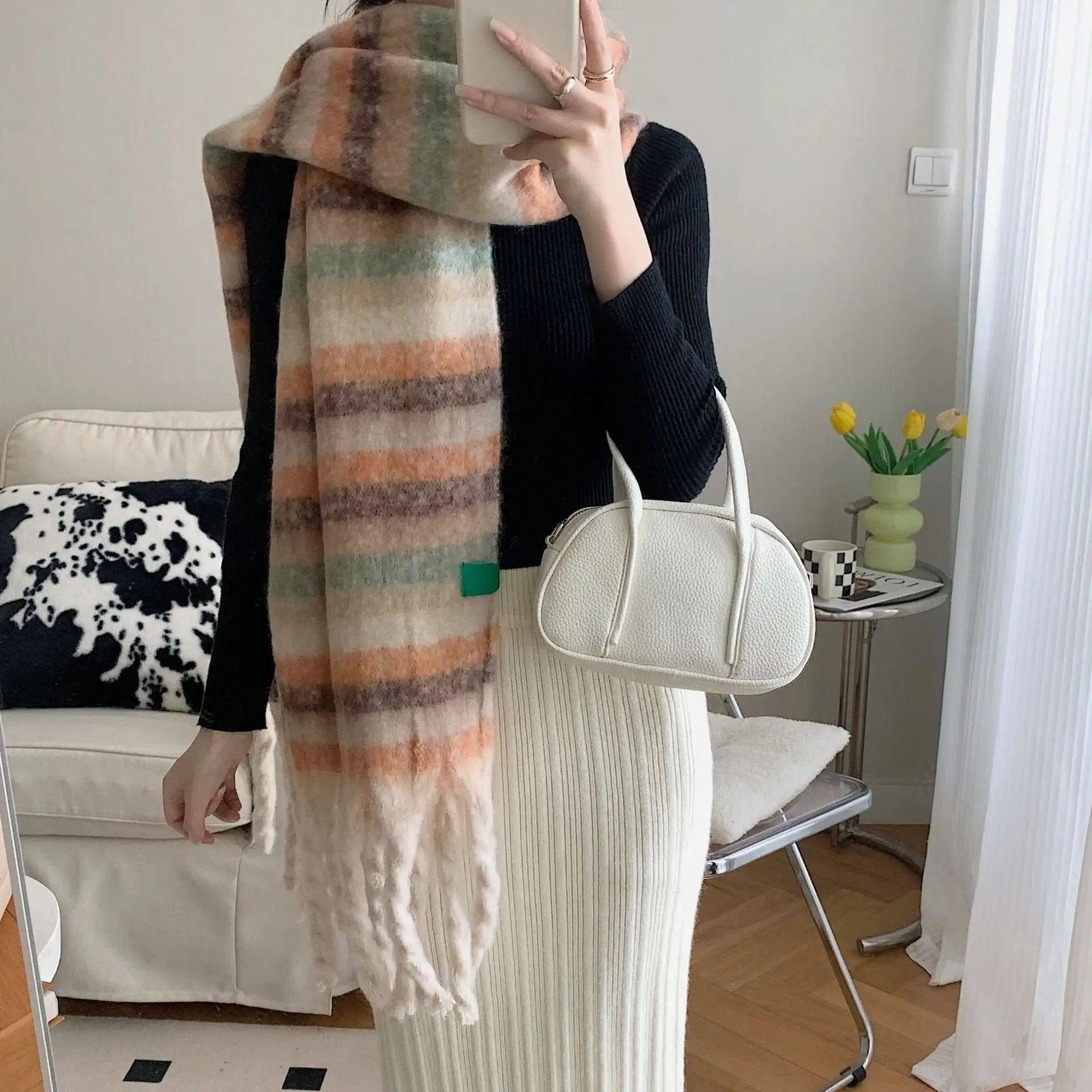 Striped Cashmere Thick Scarf With Contrast Color-Beige-3