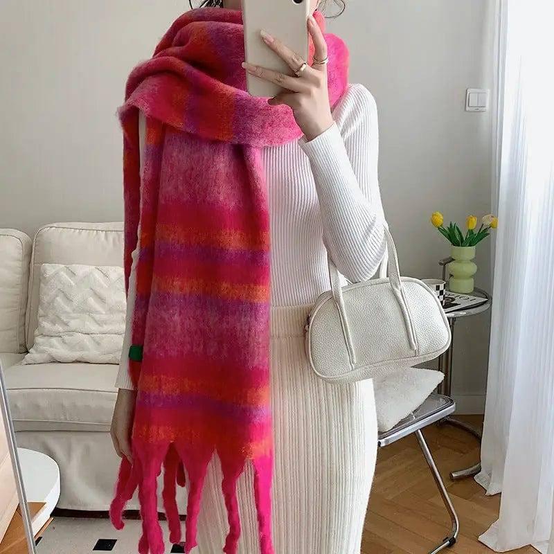 Striped Cashmere Thick Scarf With Contrast Color-Red-4