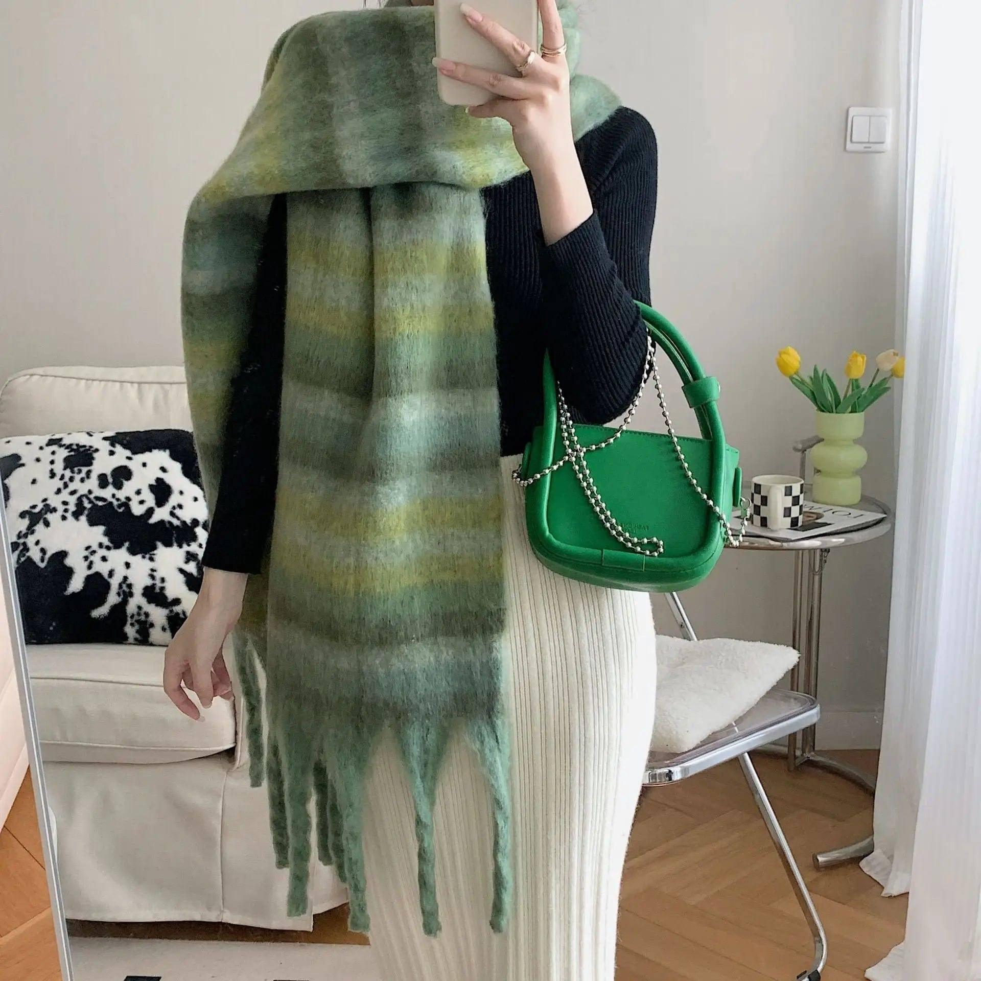 Striped Cashmere Thick Scarf With Contrast Color-Green-5