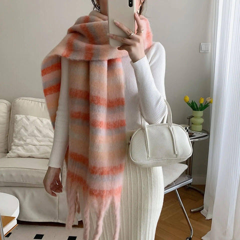 Striped Cashmere Thick Scarf With Contrast Color-Pink-6