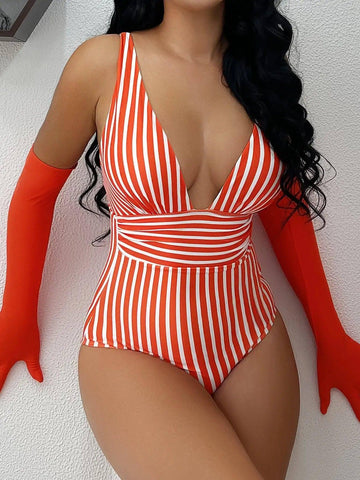 Striped One Piece Swimsuit Vintage Swimwear Women V-neck-3