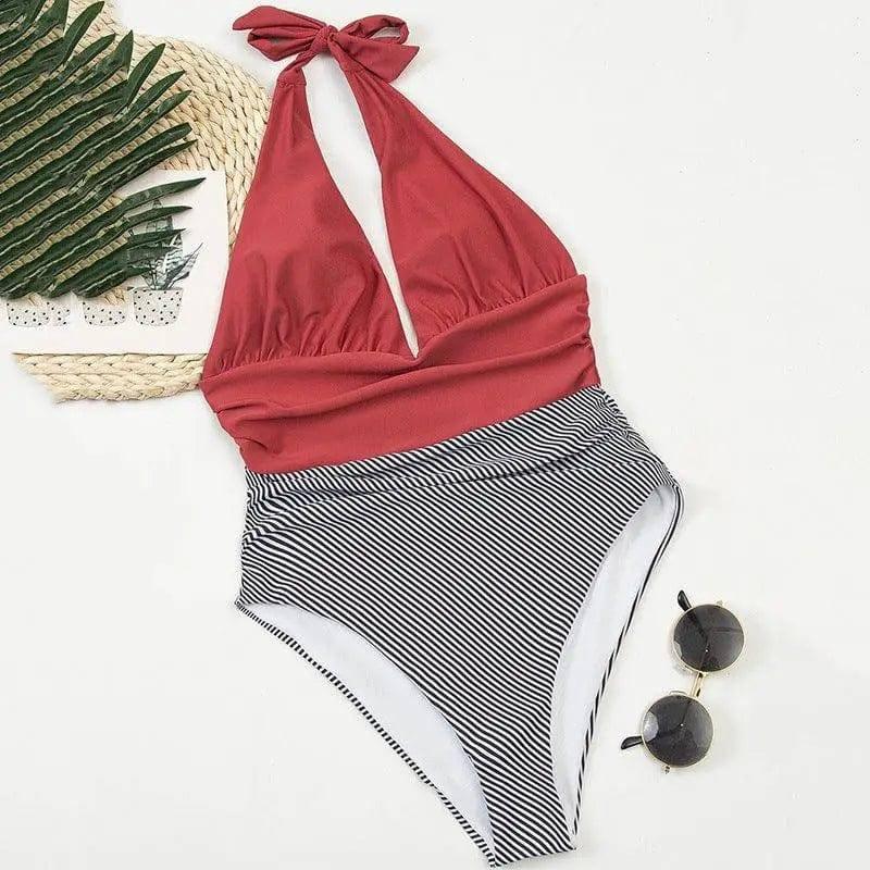 Striped Sexy Bikini With Backless European And American-Red-3