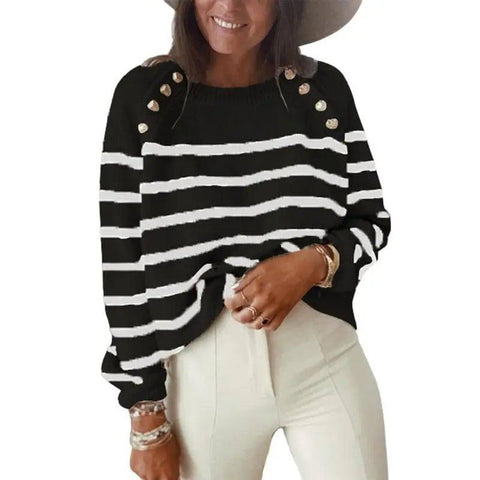 Striped Sweater Pullover Shoulder Button Sweater Women-Black-4