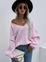 Striped Sweater V-neck Sweater-Pink-2