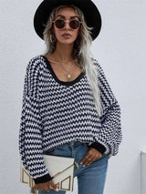 Striped Sweater V-neck Sweater-Black-4