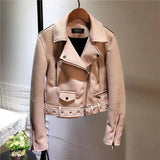 Suede leather women motorcycle leather plush fleece jacket-Pink-3