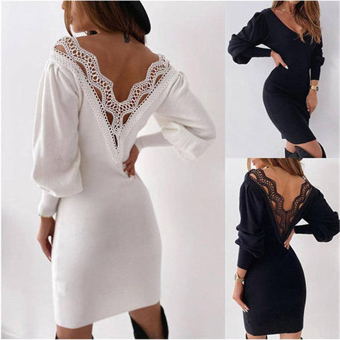 Sultry Thick Lace V-Neck Dress with Sexy Backless Hollow-1