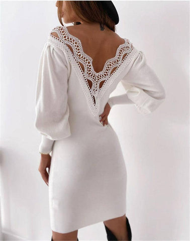 Sultry Thick Lace V-Neck Dress with Sexy Backless Hollow-3