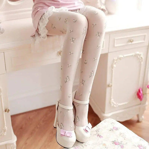 Summer Japanese Embroidery Pantyhose Small Thin Stockings-Milky white-2