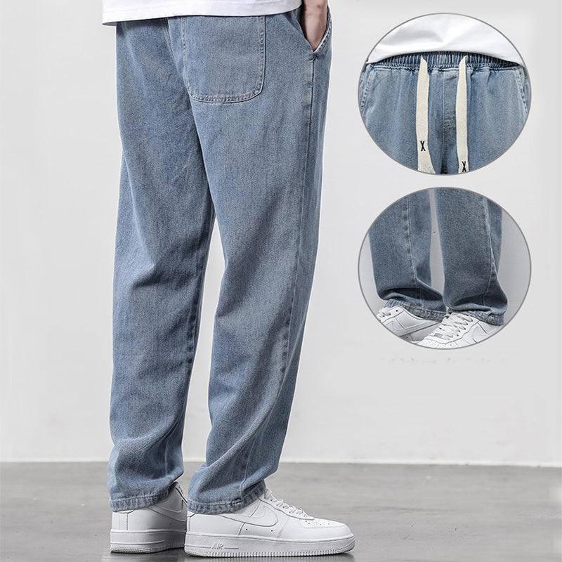 Summer Loose Wide Leg Jeans Pants Men Fashion Drawstring-3