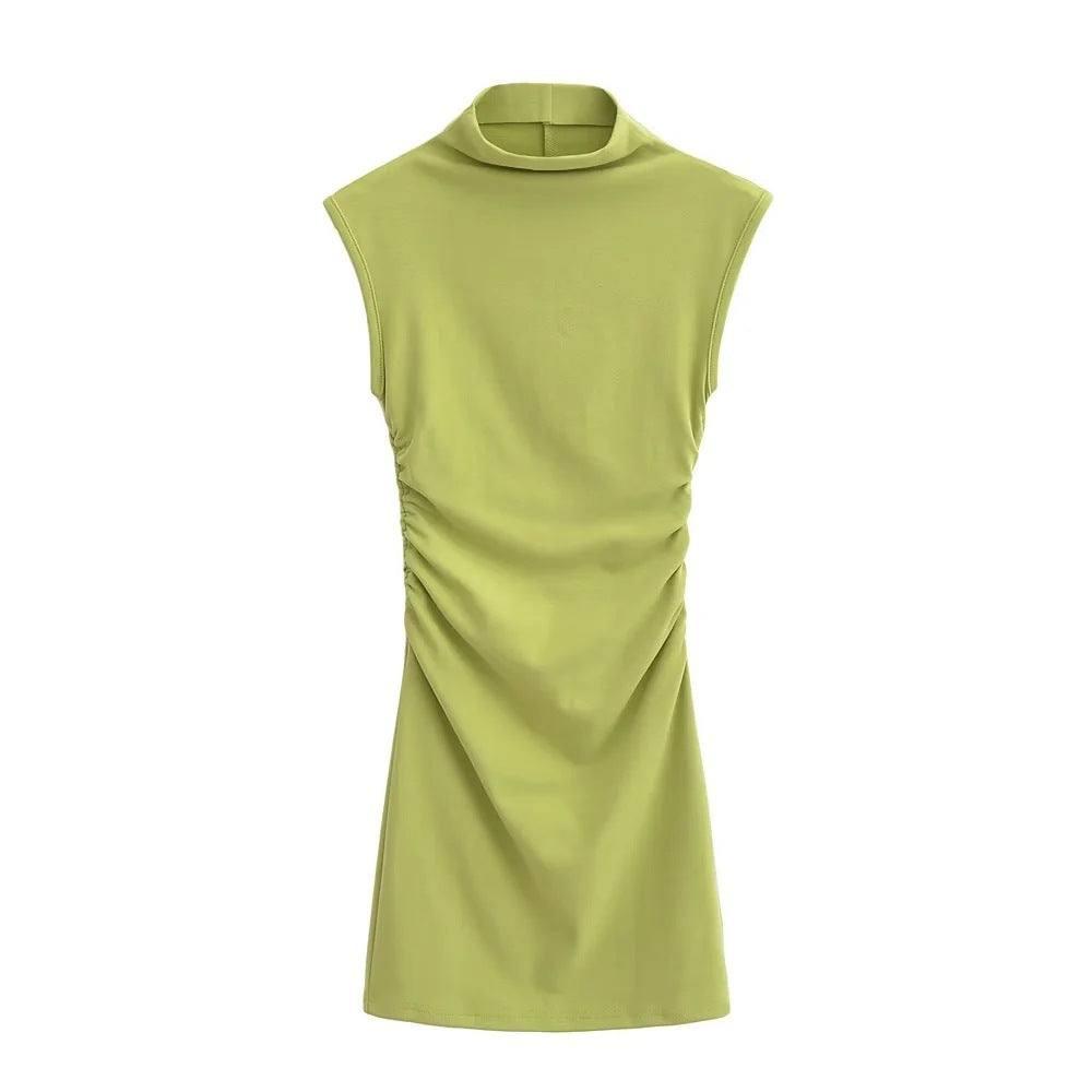 Summer New Slim Sleeveless Tight Half Turtleneck Dress Women-Green-10
