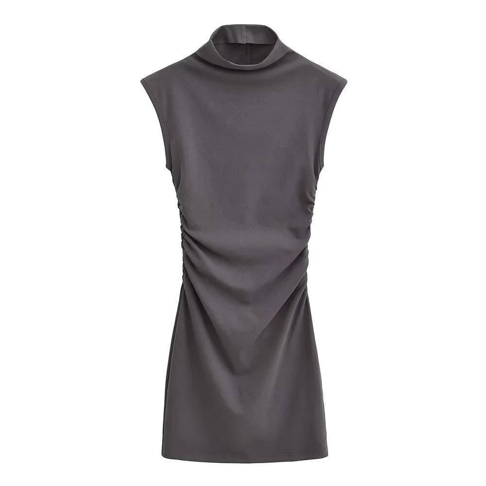 Summer New Slim Sleeveless Tight Half Turtleneck Dress Women-Dark Gray-7