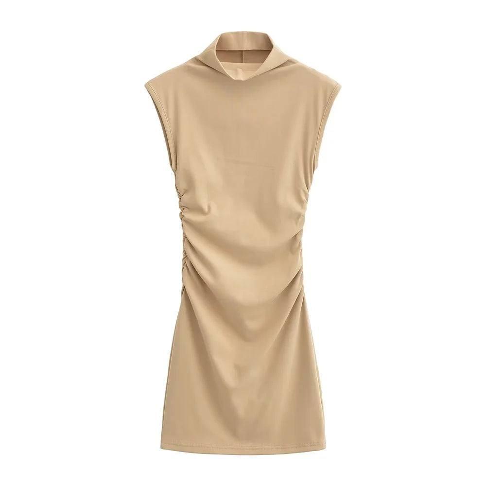 Summer New Slim Sleeveless Tight Half Turtleneck Dress Women-Khaki-8