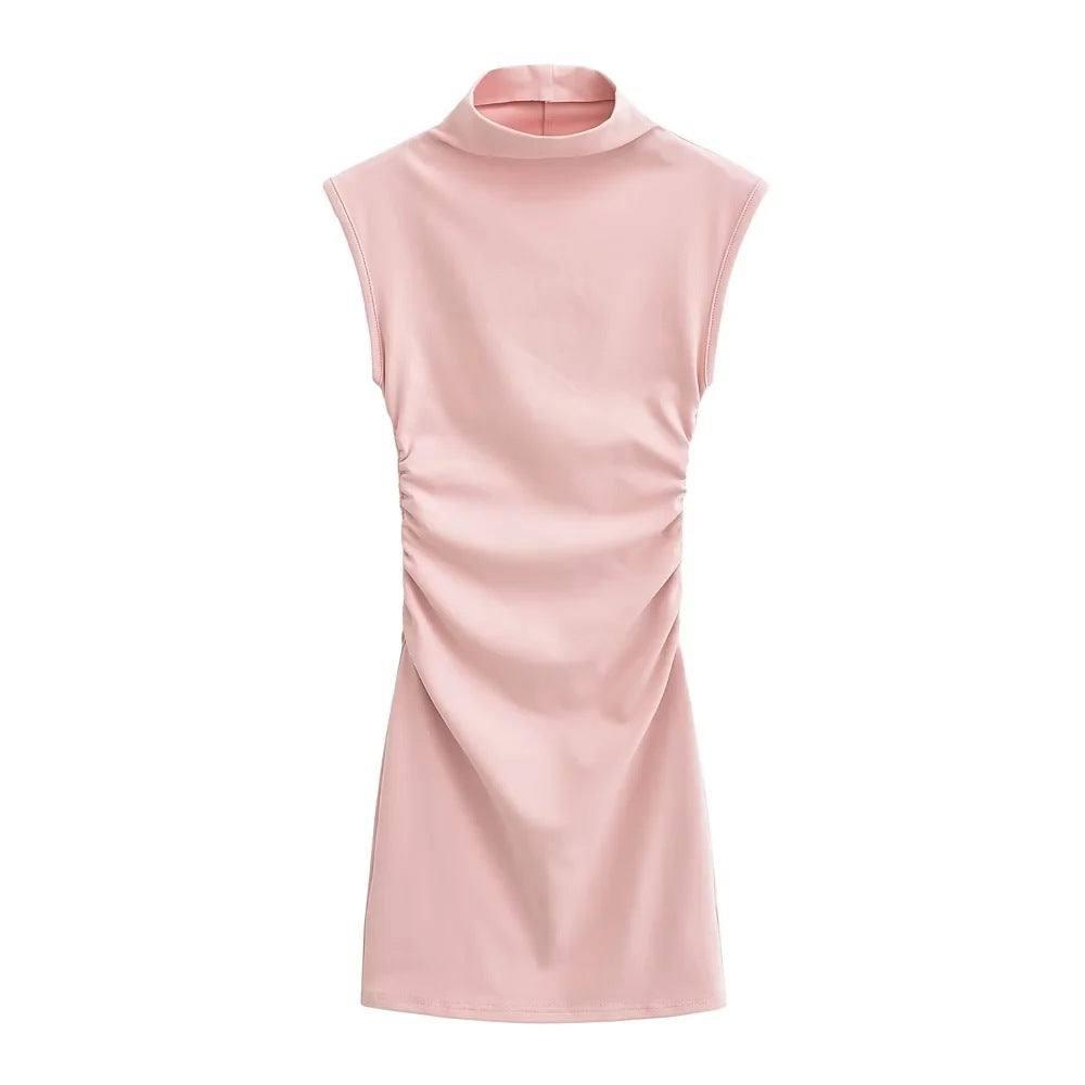 Summer New Slim Sleeveless Tight Half Turtleneck Dress Women-Pink-9