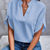 Summer New V-neck Shirt Women's Pure Color Casual Versatile-Sapphire Blue-3