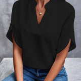 Summer New V-neck Shirt Women's Pure Color Casual Versatile-Black-4