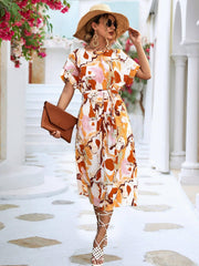 Summer Print Short-sleeved Dress Summer Loose Lace-up A-line-Orange-3