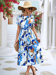 Summer Print Short-sleeved Dress Summer Loose Lace-up A-line-Blue-4