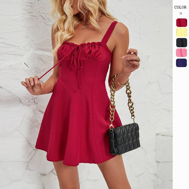 Summer Sleeveless Solid Color A-line Dress Lace-up Suspender-1