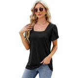 Summer Top Fashion Square Neck Printed Short-sleeved T-shirt-Black-11