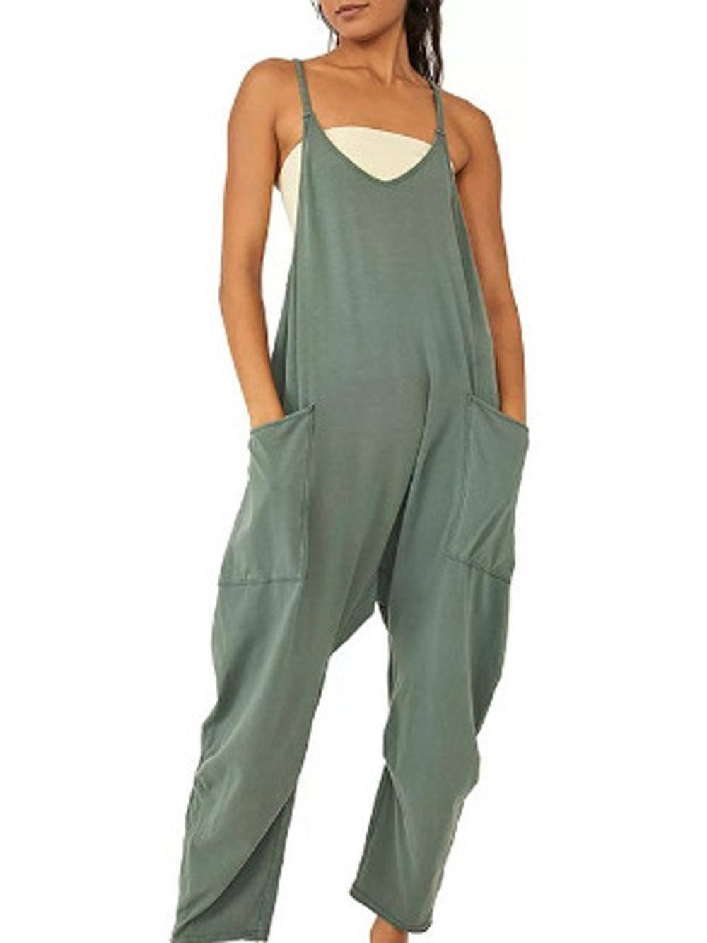 Summer Women's Loose Sleeveless Jumpsuits Spaghetti Strap-Green-7